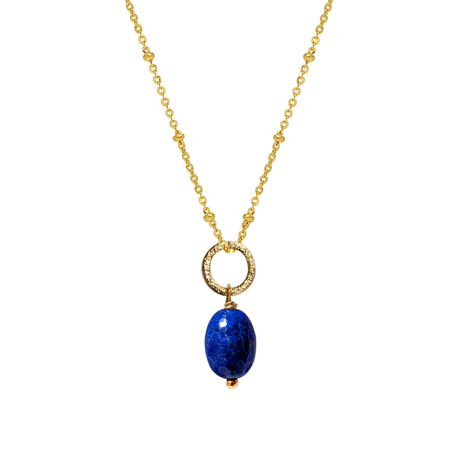 Gold necklace featuring a textured circular charm and a deep blue lapis lazuli stone pendant