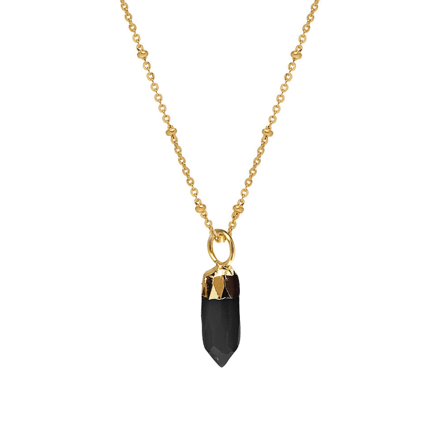 Gold chain necklace with raw black tourmaline crystal pendant and faceted gold cap detailing