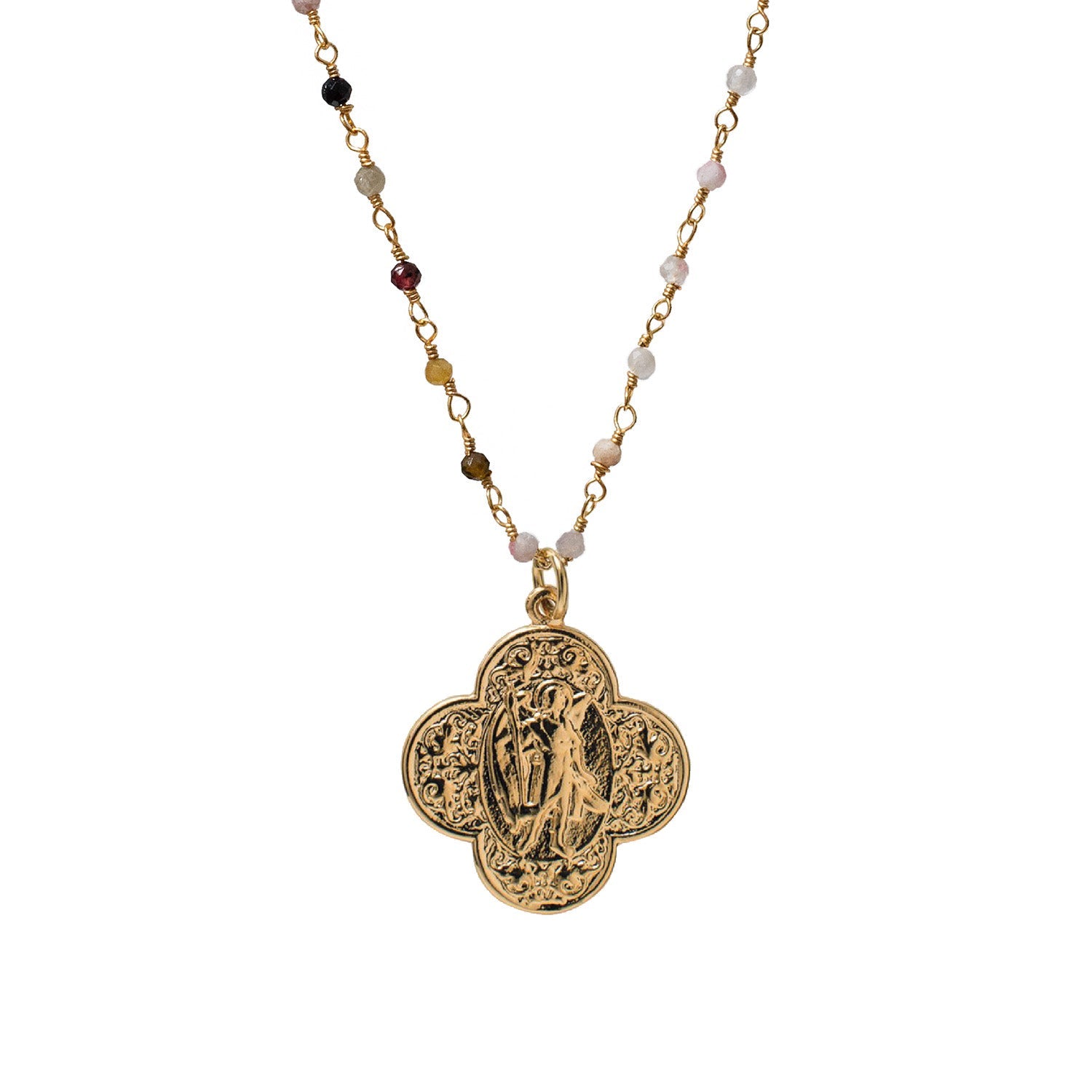 Gold talisman jewellery necklace featuring an ornate medallion pendant on a beaded chain with multicoloured gemstones