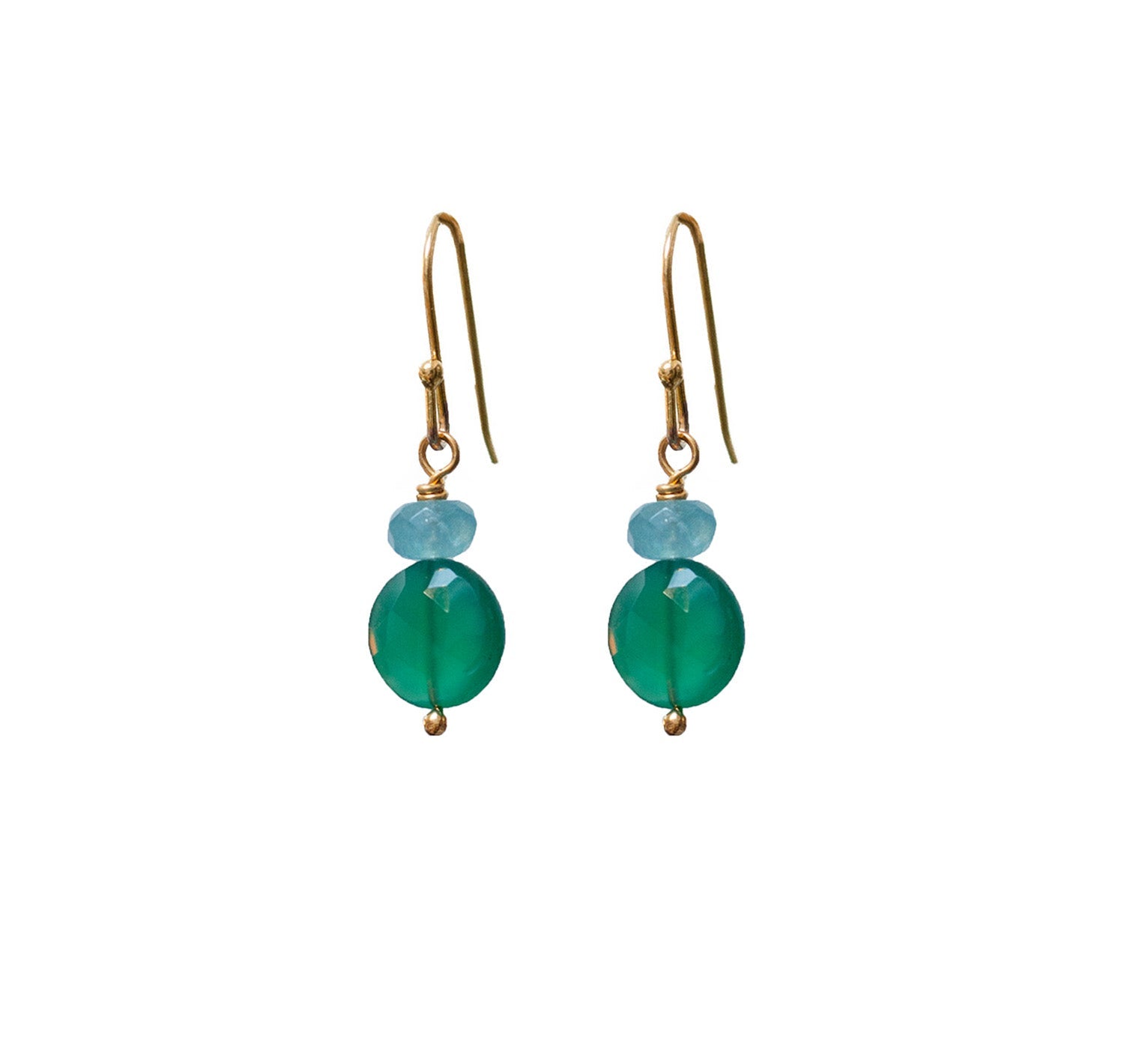 Gold hook women’s earrings with green and blue gemstone beads