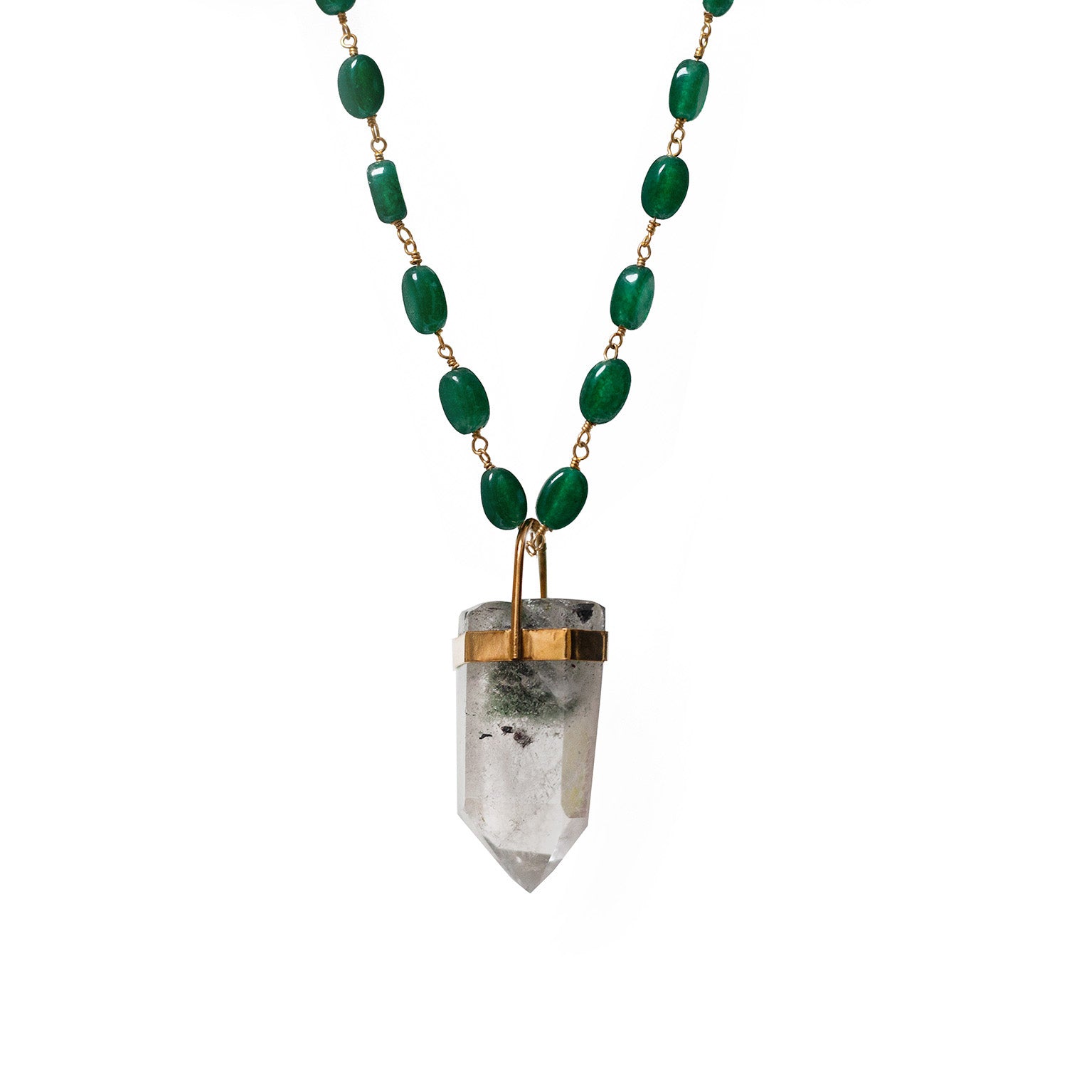 Unique Chlorite Point Pendant On Long Green Onyx Pebble Rosary
