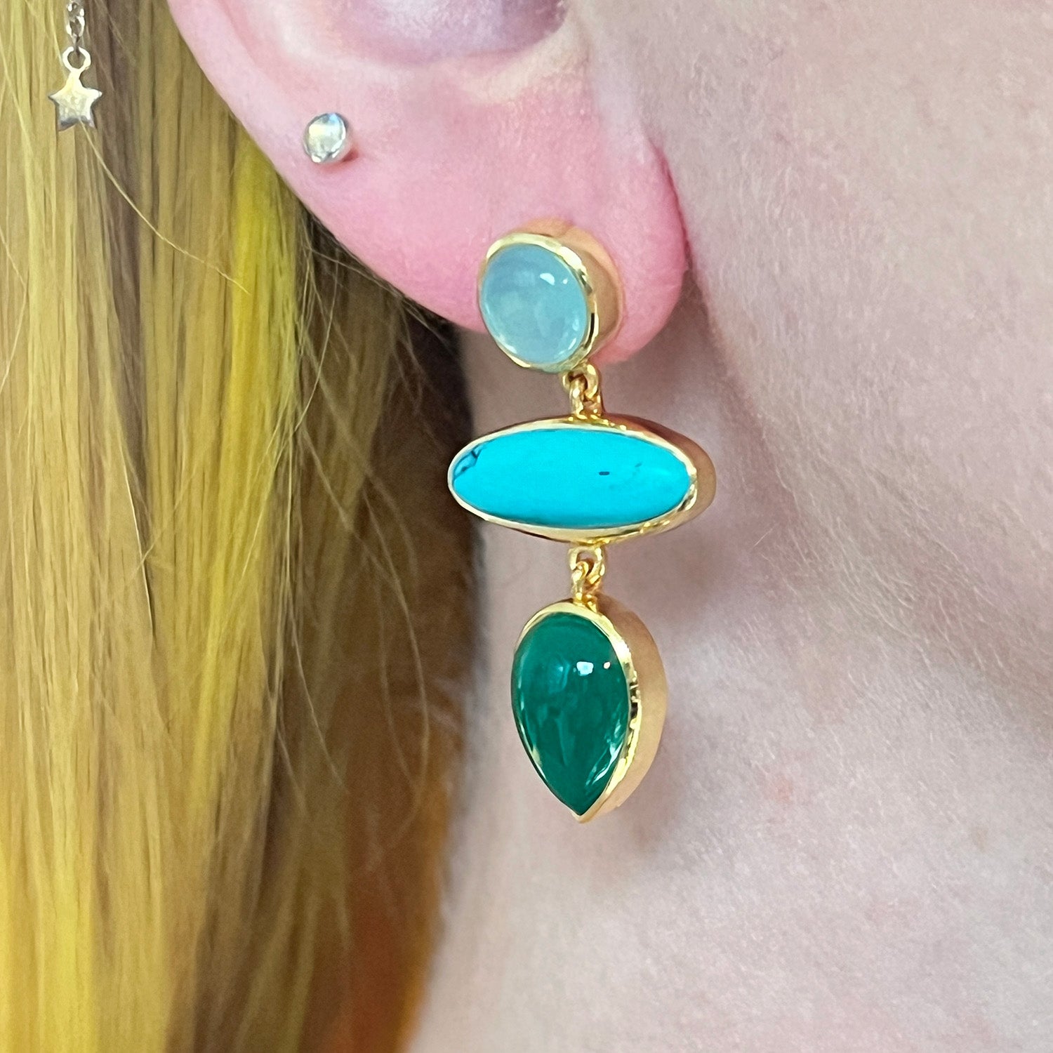 Diva Green Onyx, Aqua Chalcedony and Turquoise Earrings