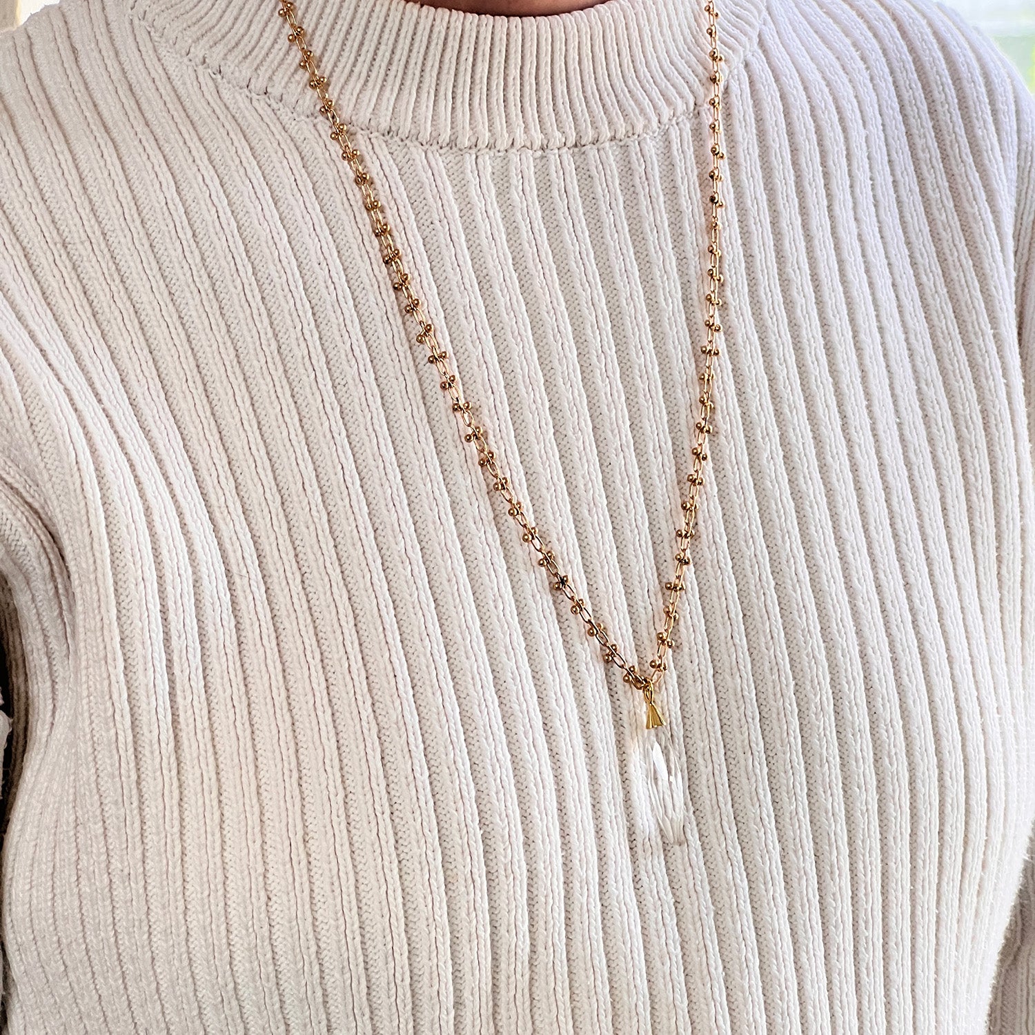Long Geometric Crystal Pendant On Long Bula Chain