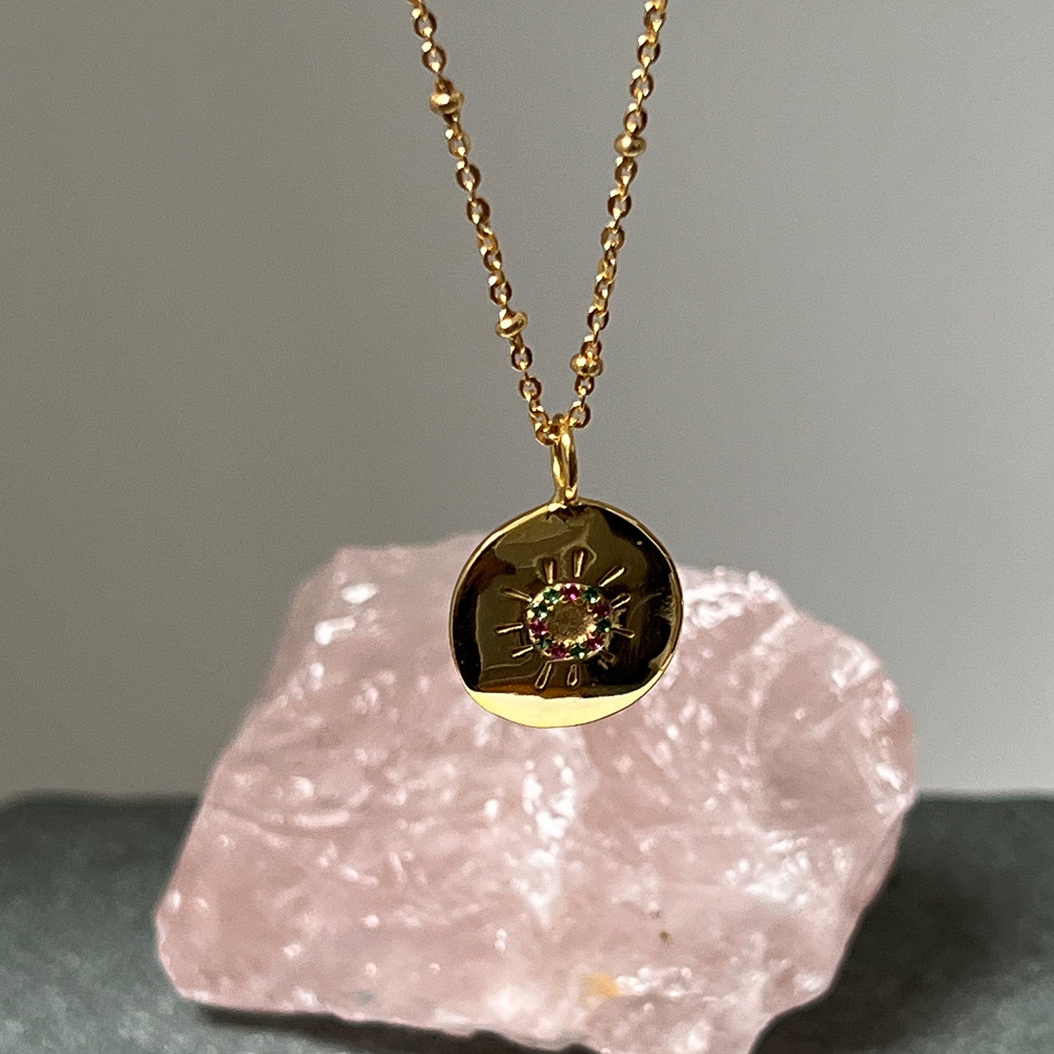 Sun Medal with Multi Coloured Zircons On Short Satellite Chain