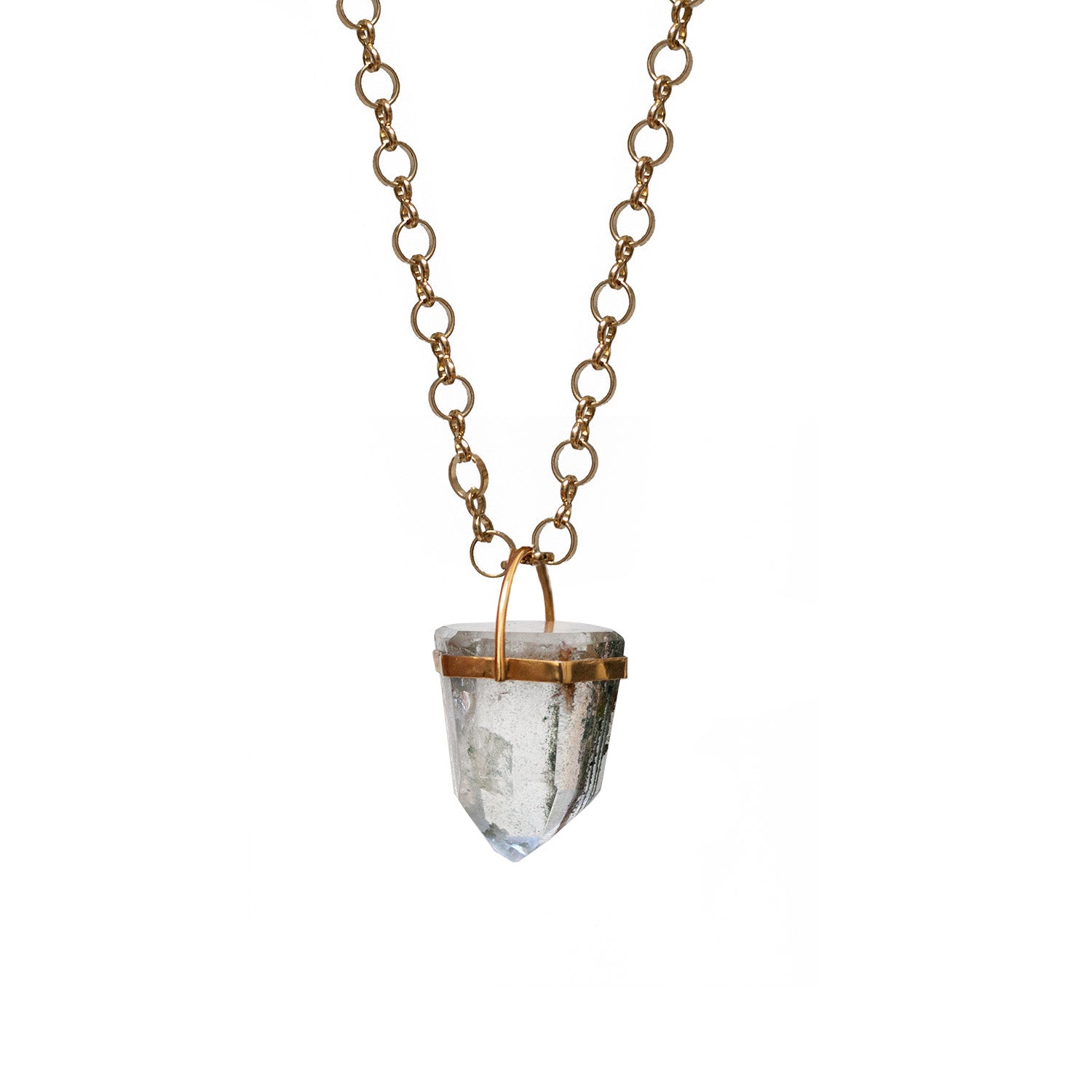 Unique Chunky Chlorite Point Pendant On Long Little Circle Chain