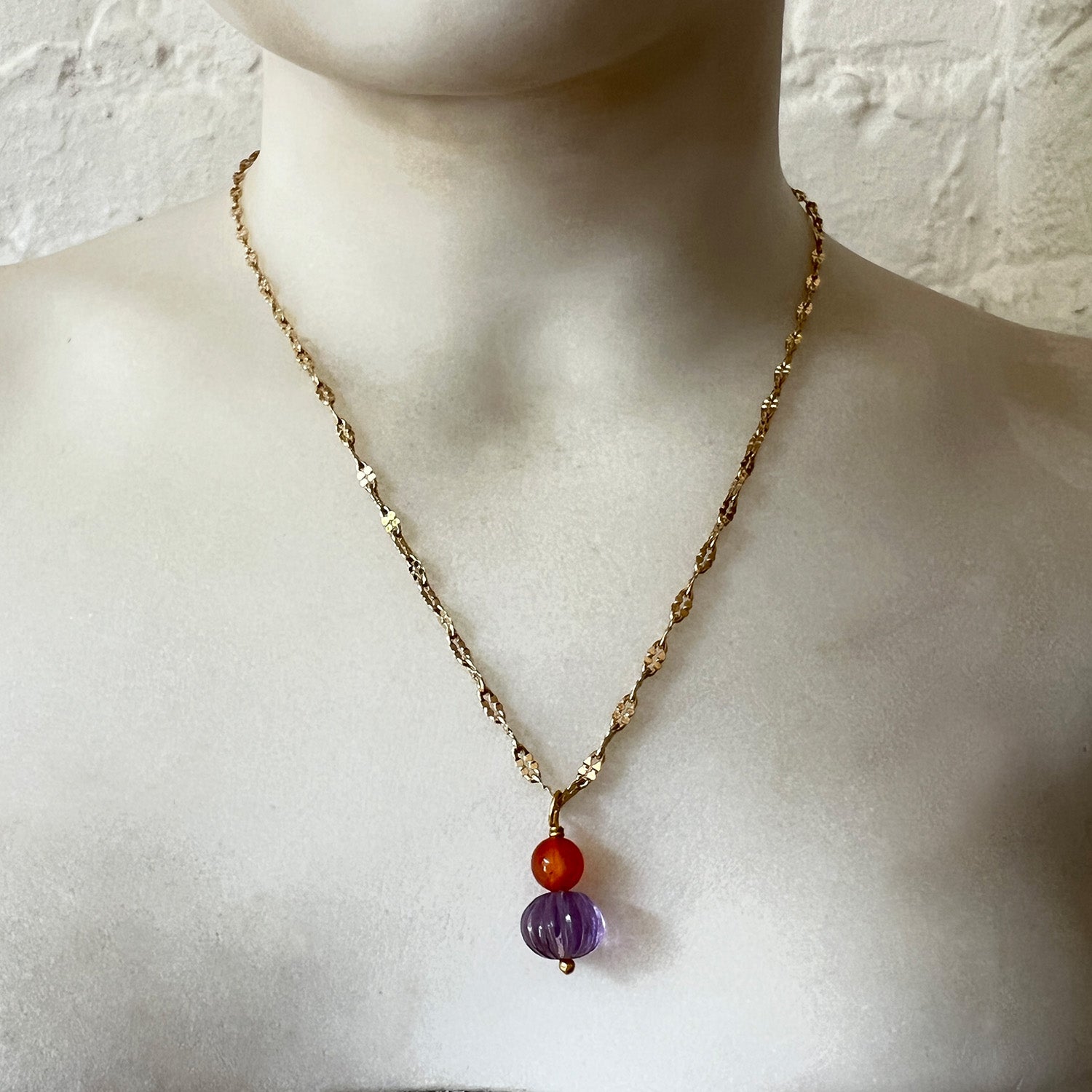 Carved Amethyst And Carnelian Pendant On Short Magali Chain