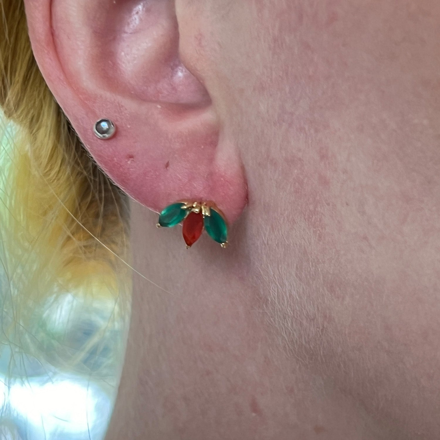 Trio Stud Green Onyx And Carnelian Earrings