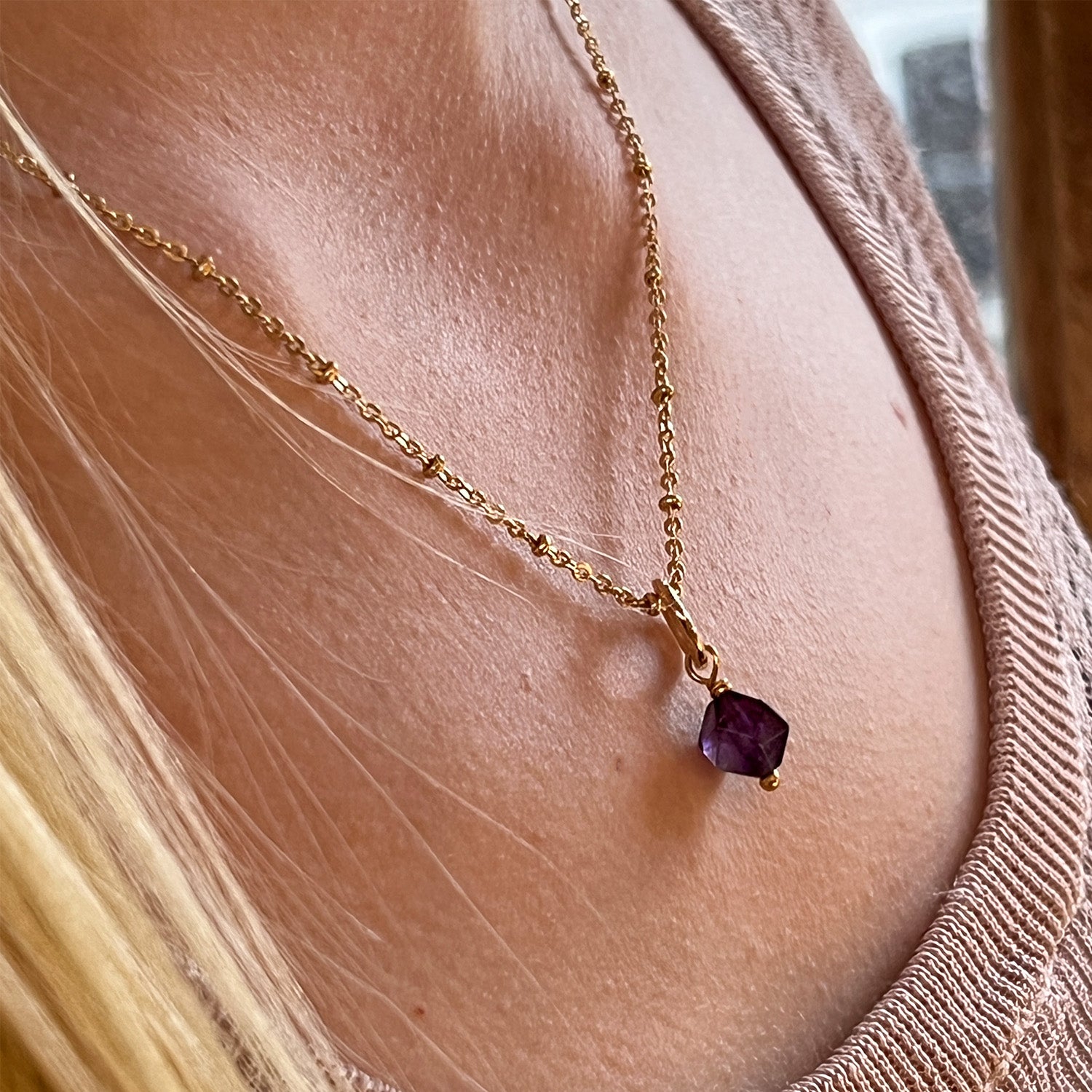 Gita Octagon Amethyst pendant on short satellite chain