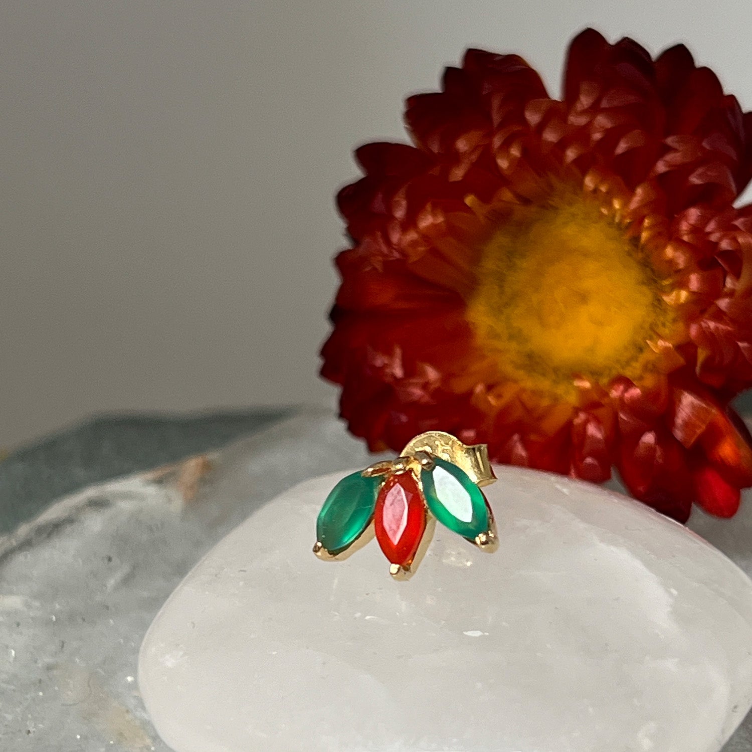 Trio Stud Green Onyx And Carnelian Earrings