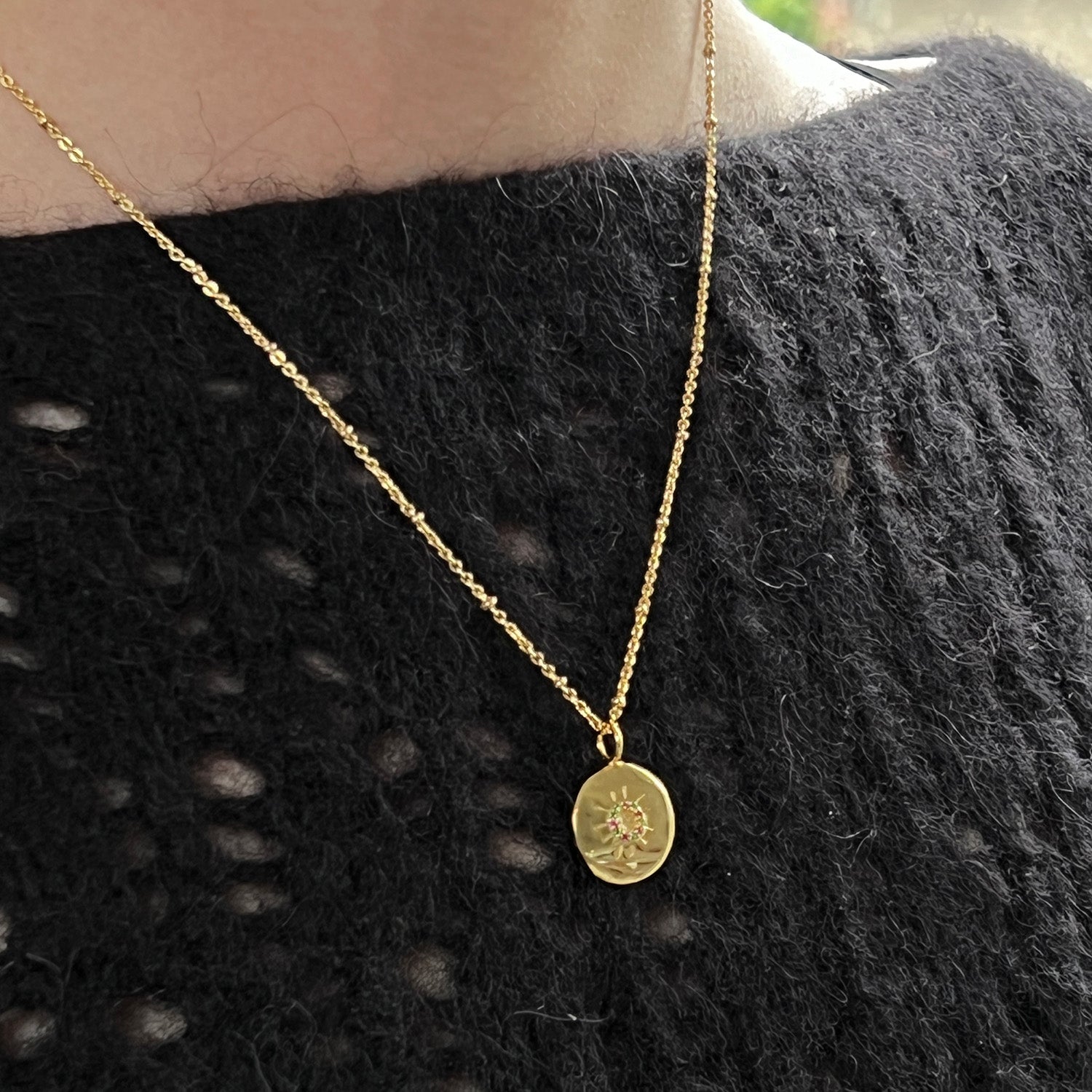 Sun Medal with Multi Coloured Zircons On Short Satellite Chain