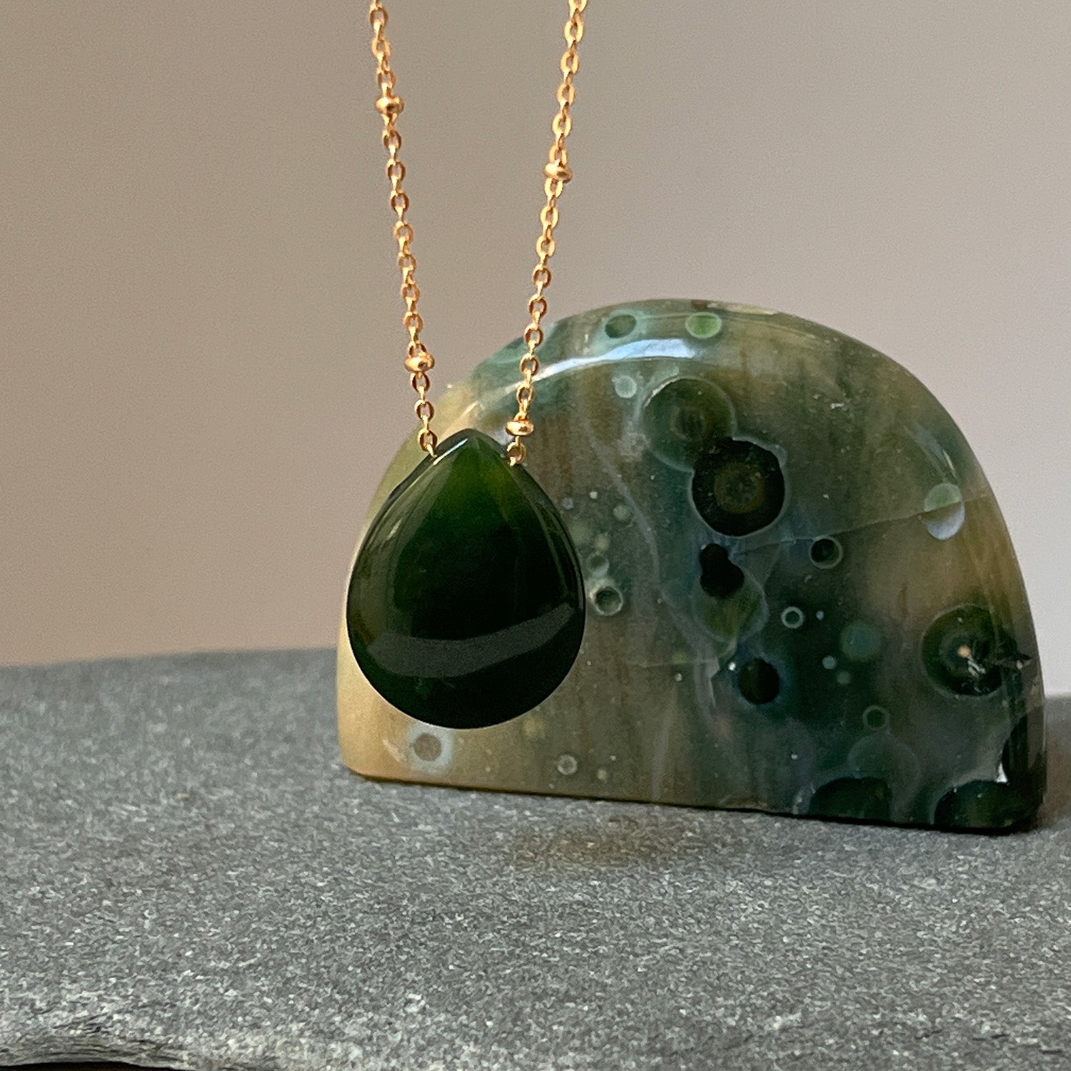 Alaskan Jade Teardrop On Long Satellite Chain