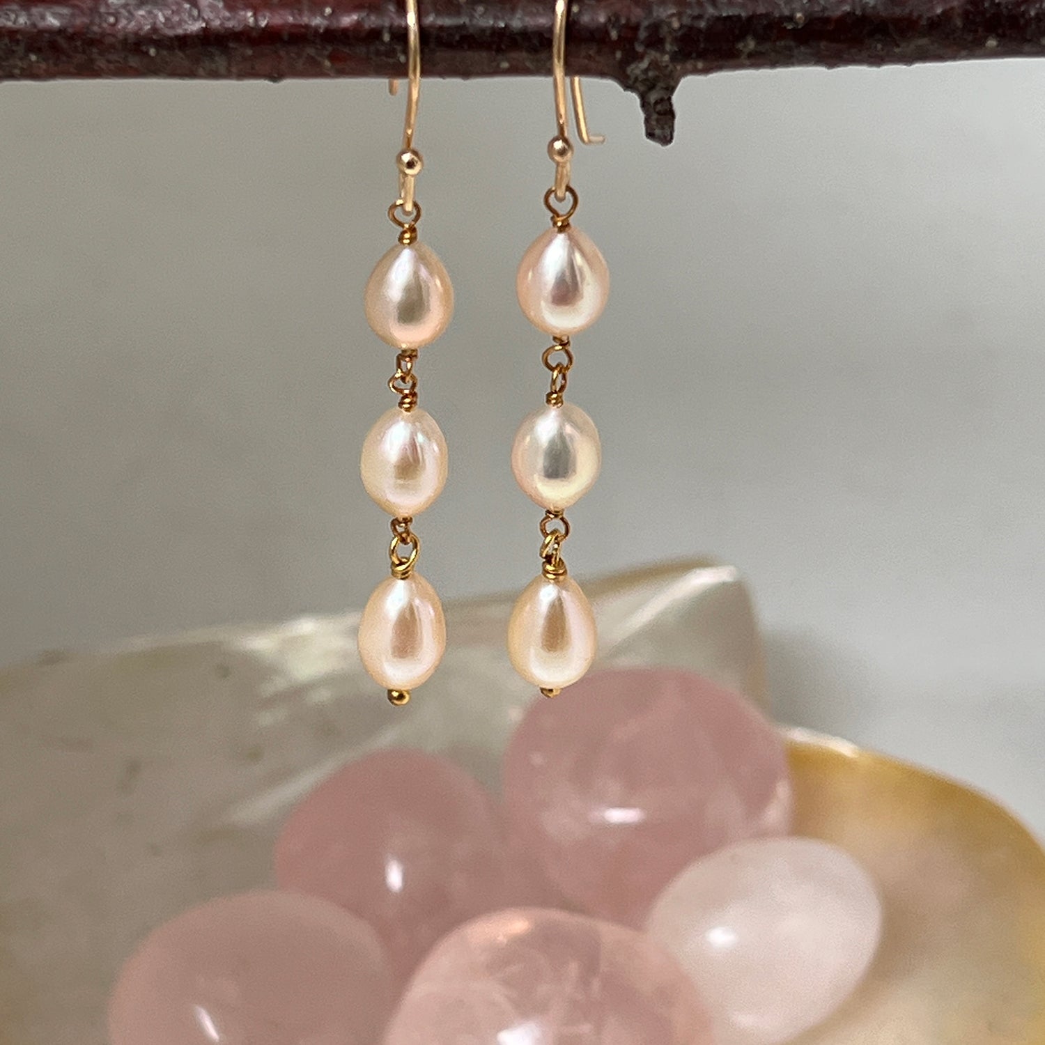 Three Pink Pearl On Hook Earrings