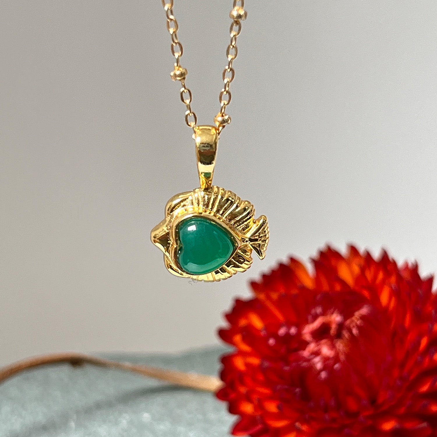Angel Fish Charm With Green Onyx Cabochon On Short Satellite Chain