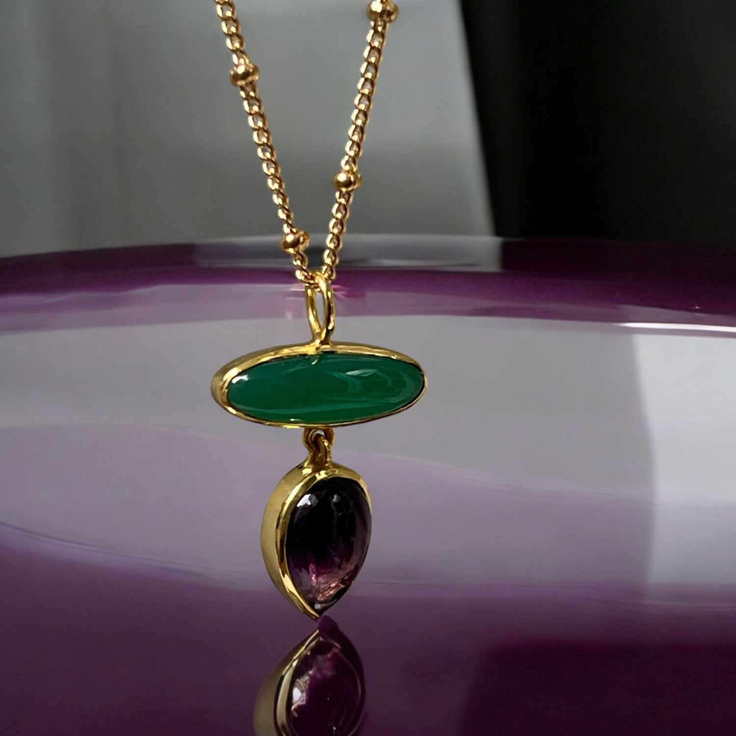 Diva Pendant Amethyst and Green onyx on Biba chain