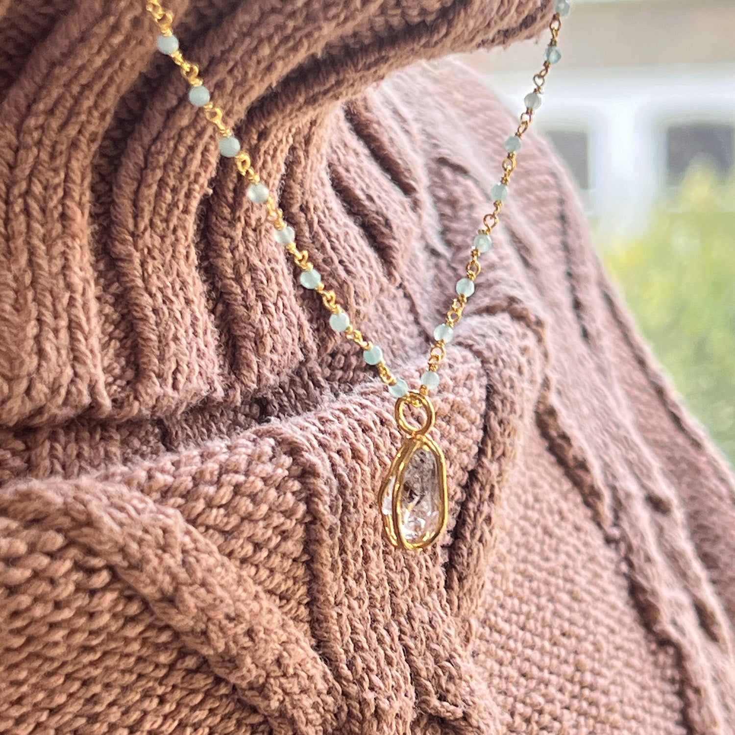 Raw Herkimer Diamond  In Cage Pendant On Short Amazonite Rosary