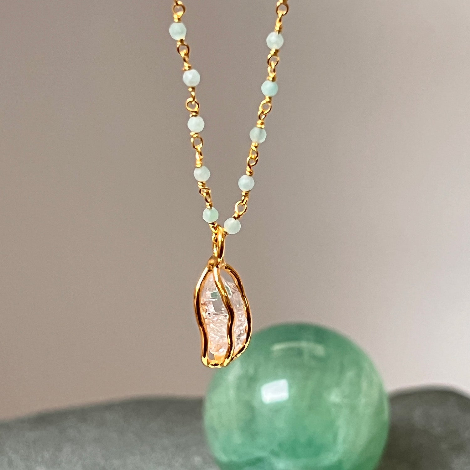 Raw Herkimer Diamond In Cage Pendant On Short Amazonite Rosary
