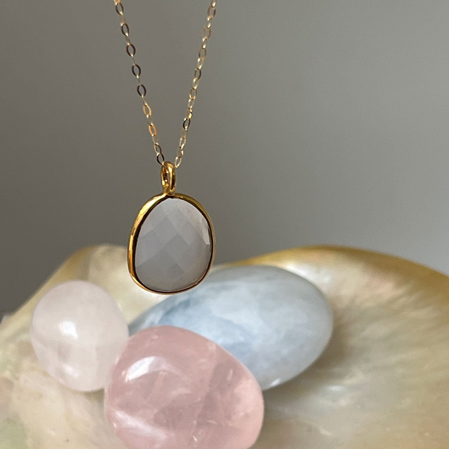Unique Faceted Milky White Chalcedony 9k Gold