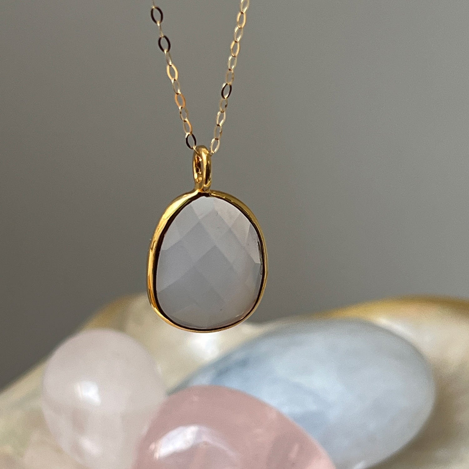Unique Faceted Milky White Chalcedony 9k Gold