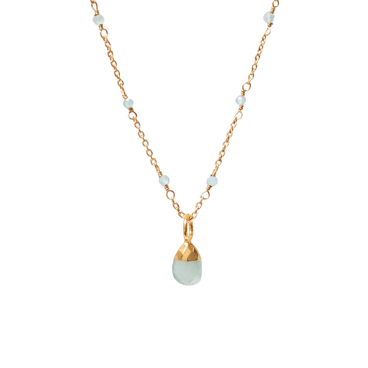 Aqua Chalcedony Pendant on a gold-plated rosary chain with small gold-plated beads and a single Aqua Chalcedony drop pendant.