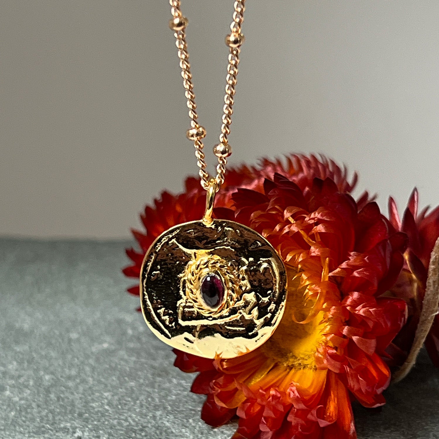 Athena Large round medal with Garnet on Biba chain