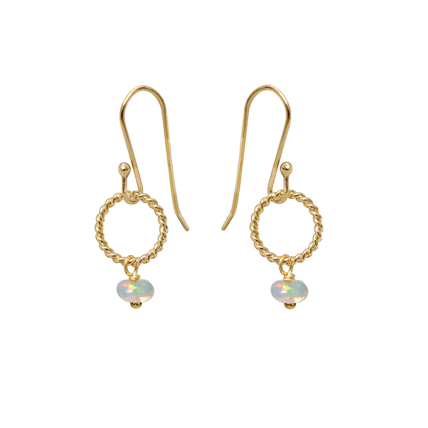 A pair of Alexis Opal earrings with gold-plated twisted circle frames and sterling silver ear hooks, featuring small round opal stones, displayed against a white background.
