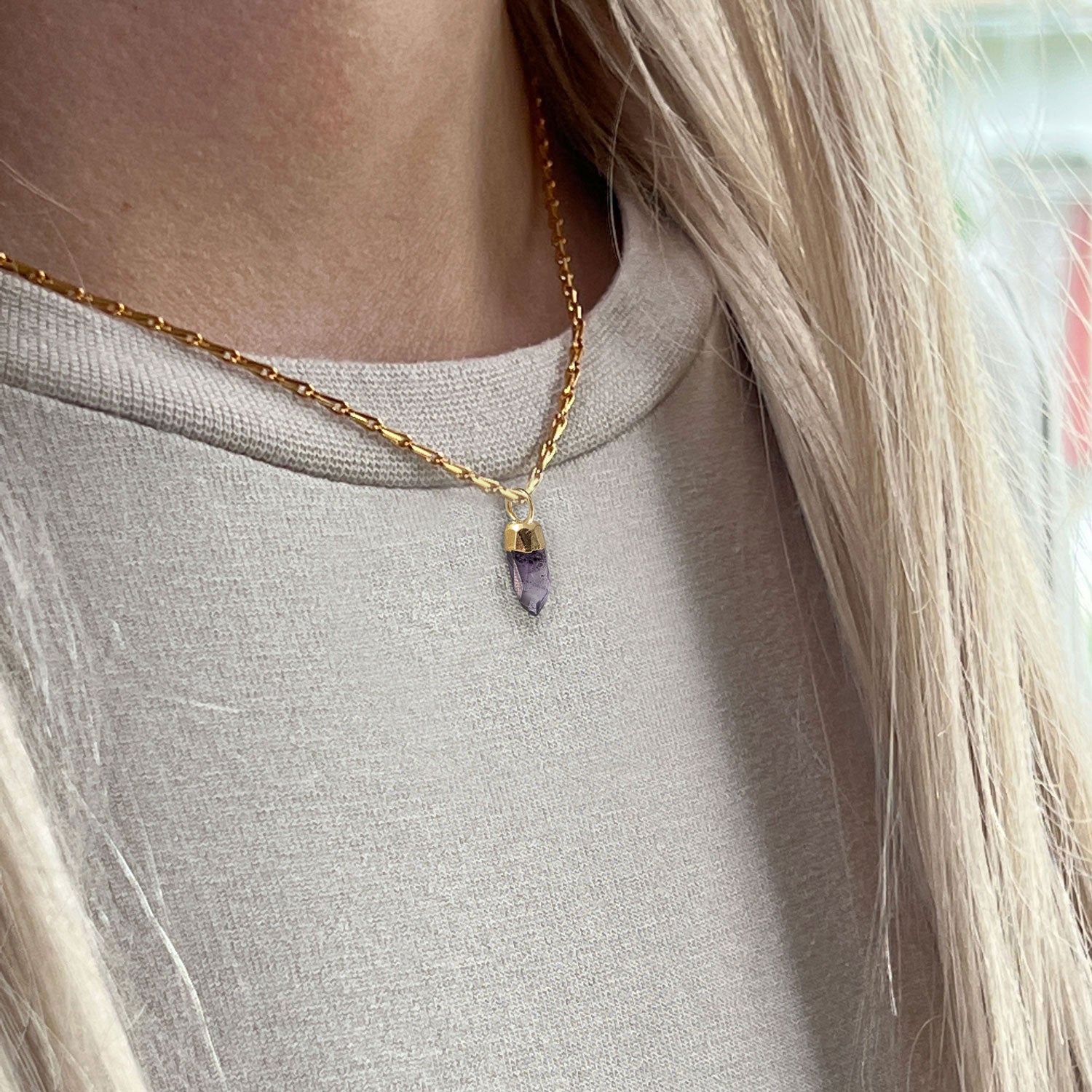 Amethyst Mini Point pendant on mini torsade chain