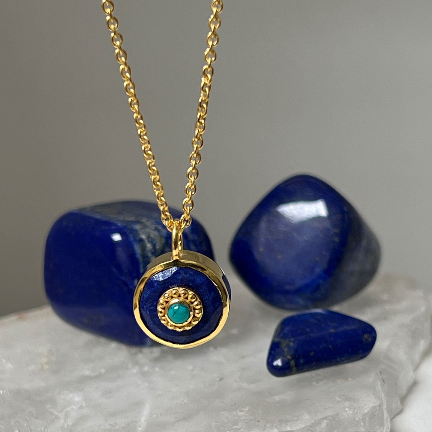 Azure Lapis Lazuli & Howlite Turquoise  Pendant on a  Simple Chain