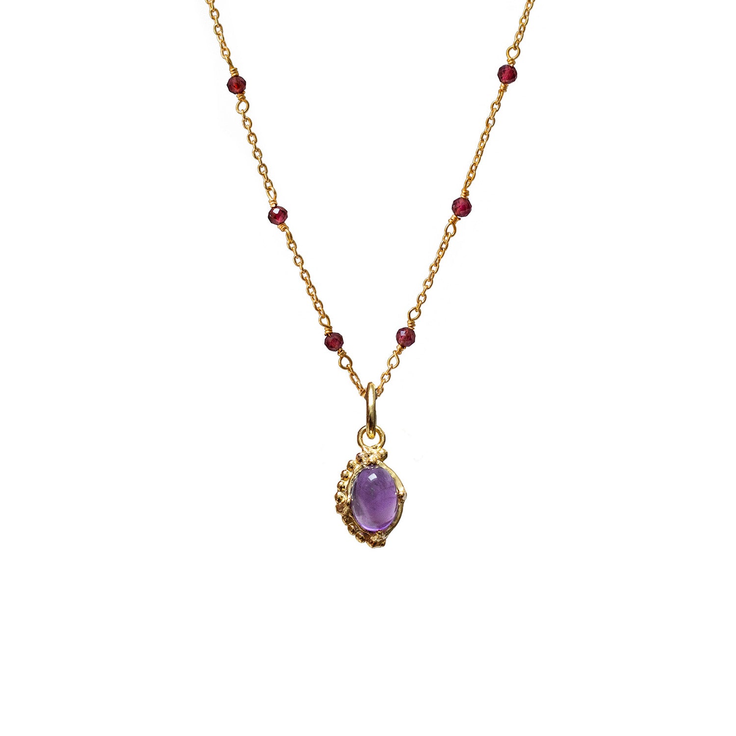 Asymmetric Amethyst Pendant On Satellite Chain Or Fancy Garnet Rosary