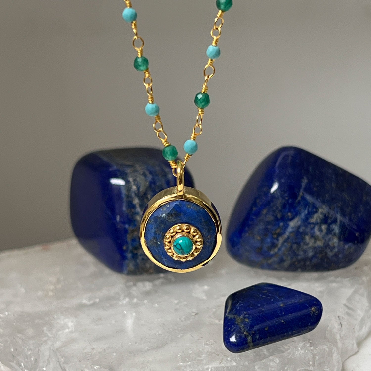 Azure Lapis Lazuli & Howlite Turquoise Pendant on Short Rosary