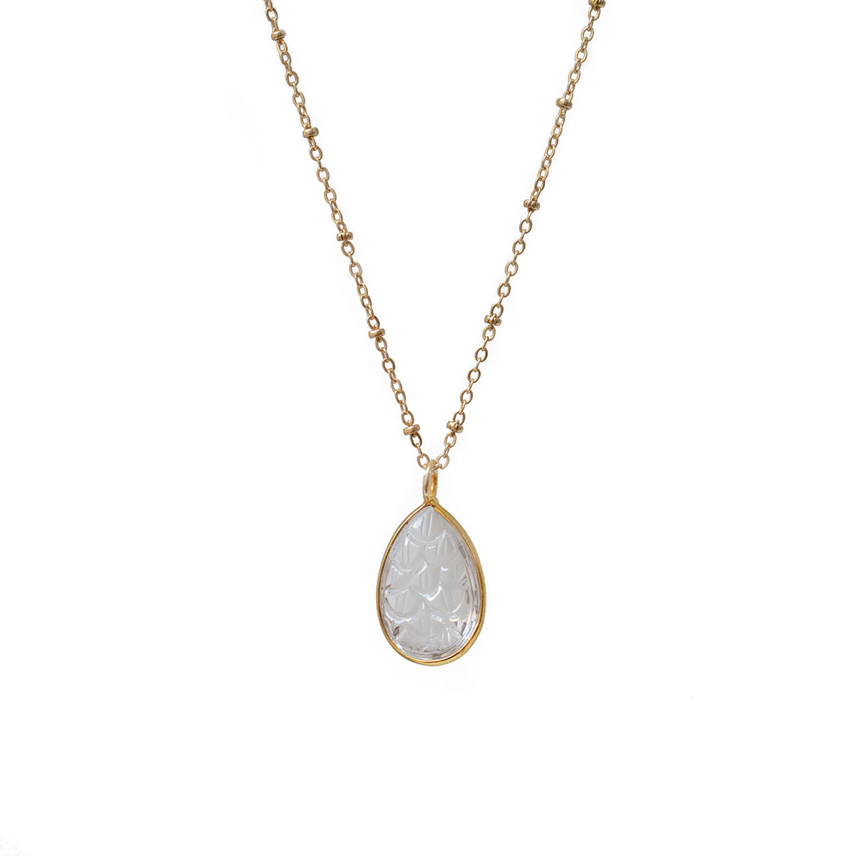 Carved Rock Quartz Drop Pendant on Long Satellite Chain