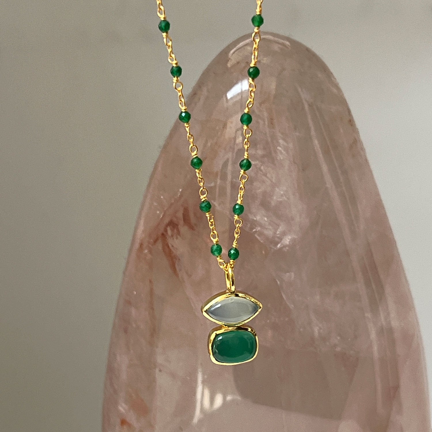 Beryl Aqua Chalcedony & Green Onyx Pendant on Long Green Onyx Rosary