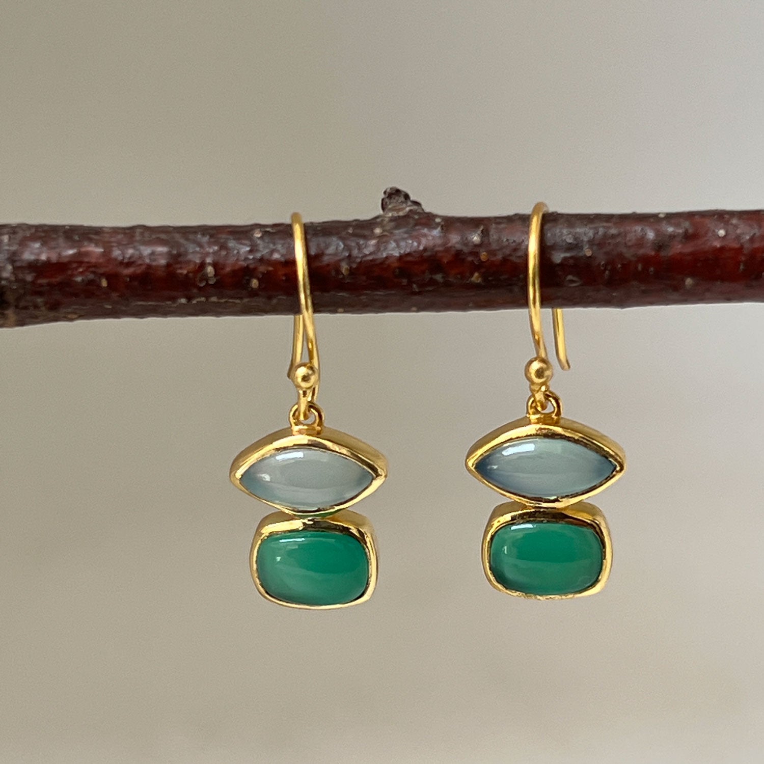 Beryl Aqua Chalcedony and Green Onyx Vermeil Earrings