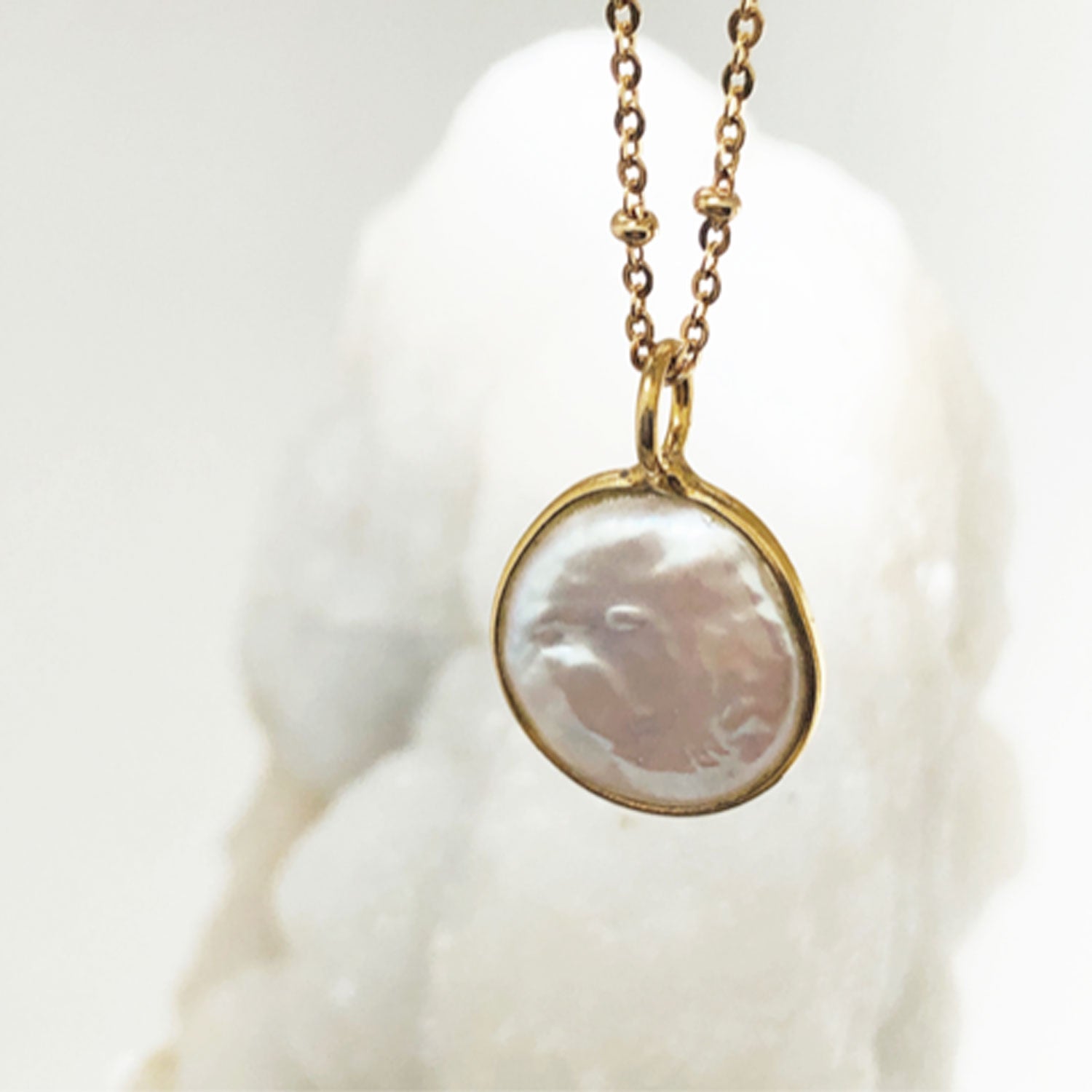 Freeform flat Pearl Pendant On Short Satellite Chain