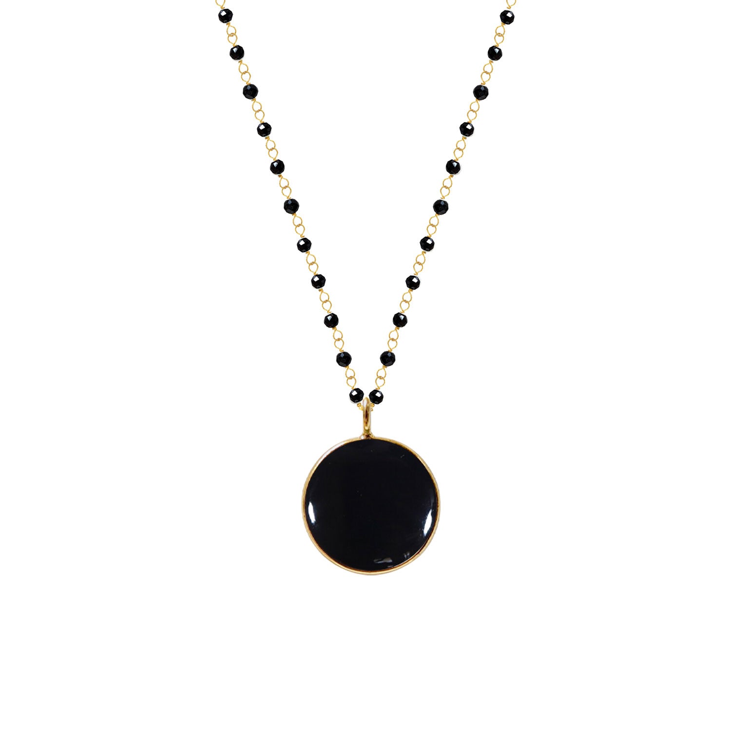 Black Onyx Coin Pendant on Long Black Onyx Rosary