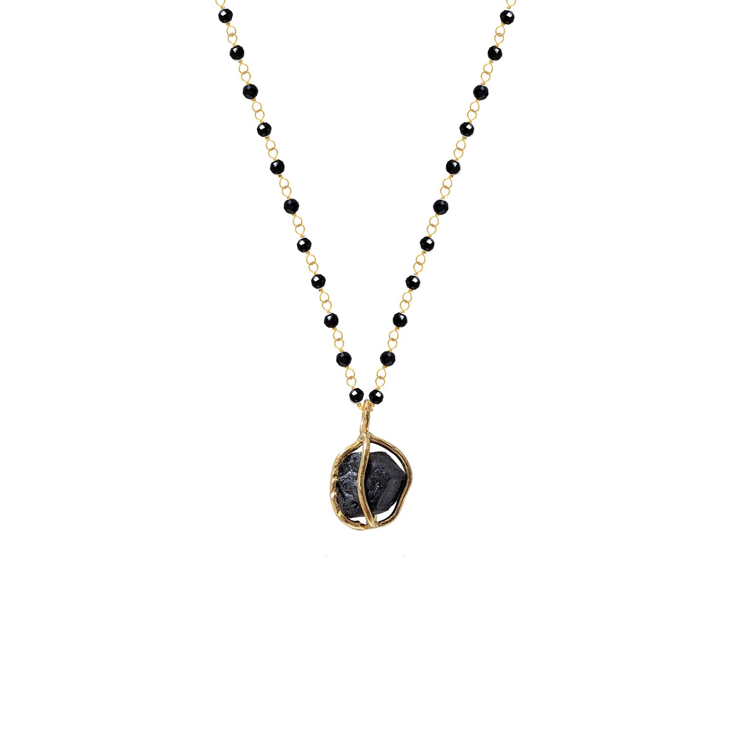 Raw Black Tourmaline in Cage on Long Black Onyx Rosary