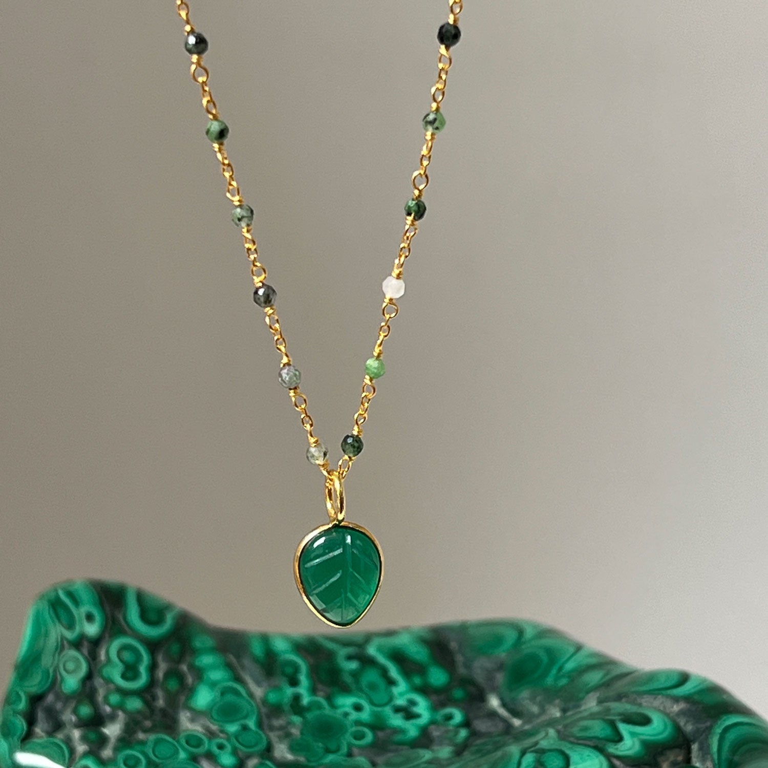 Carved Green Onyx Leaf Pendant on Ruby zoisite Rosary