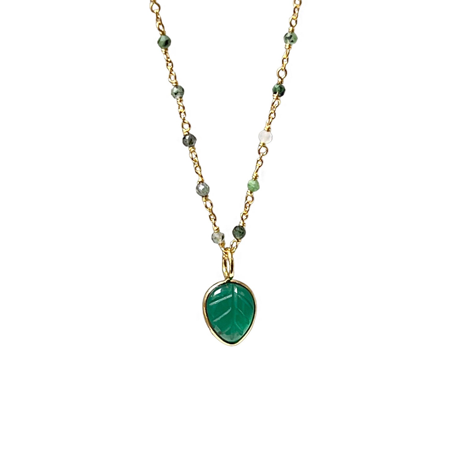 Carved Green Onyx Leaf Pendant on Ruby zoisite Rosary
