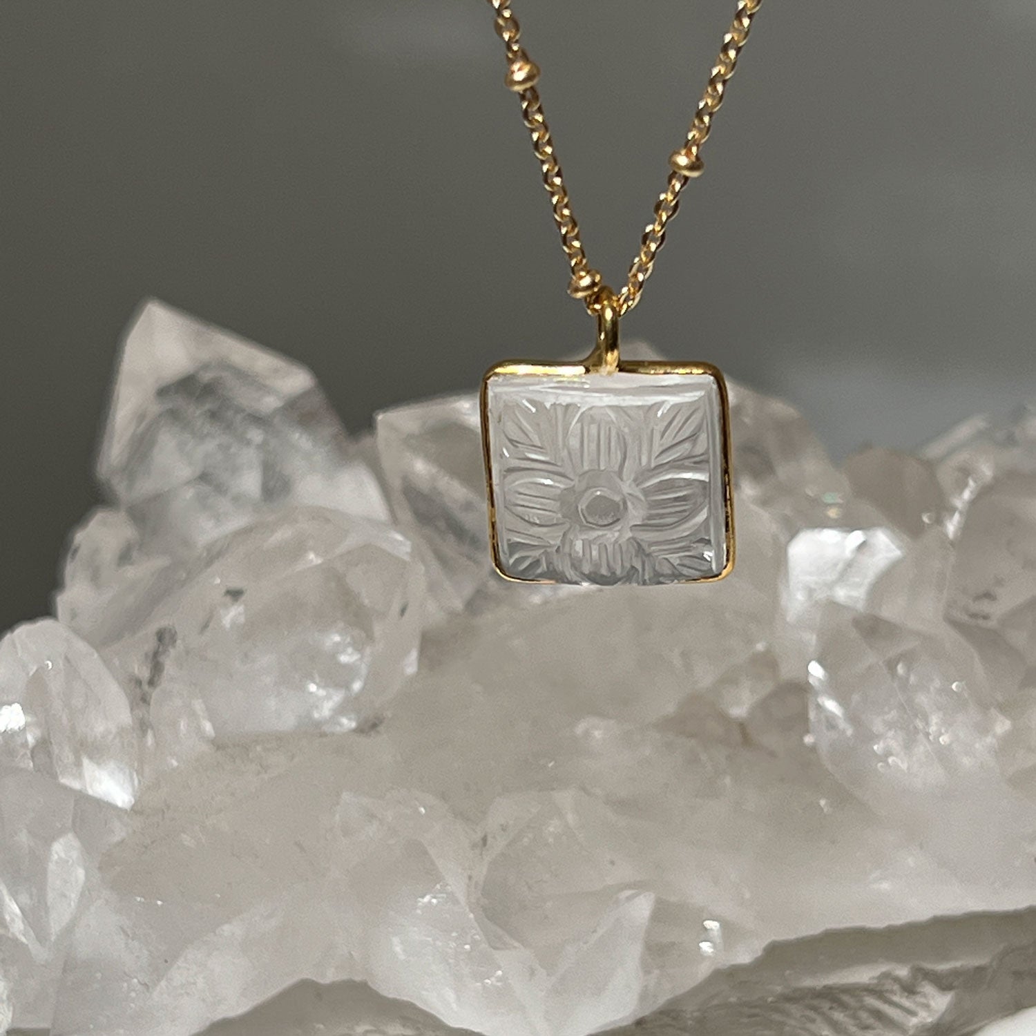 Carved Square Rock Crystal Pendant on Short Satellite Chain