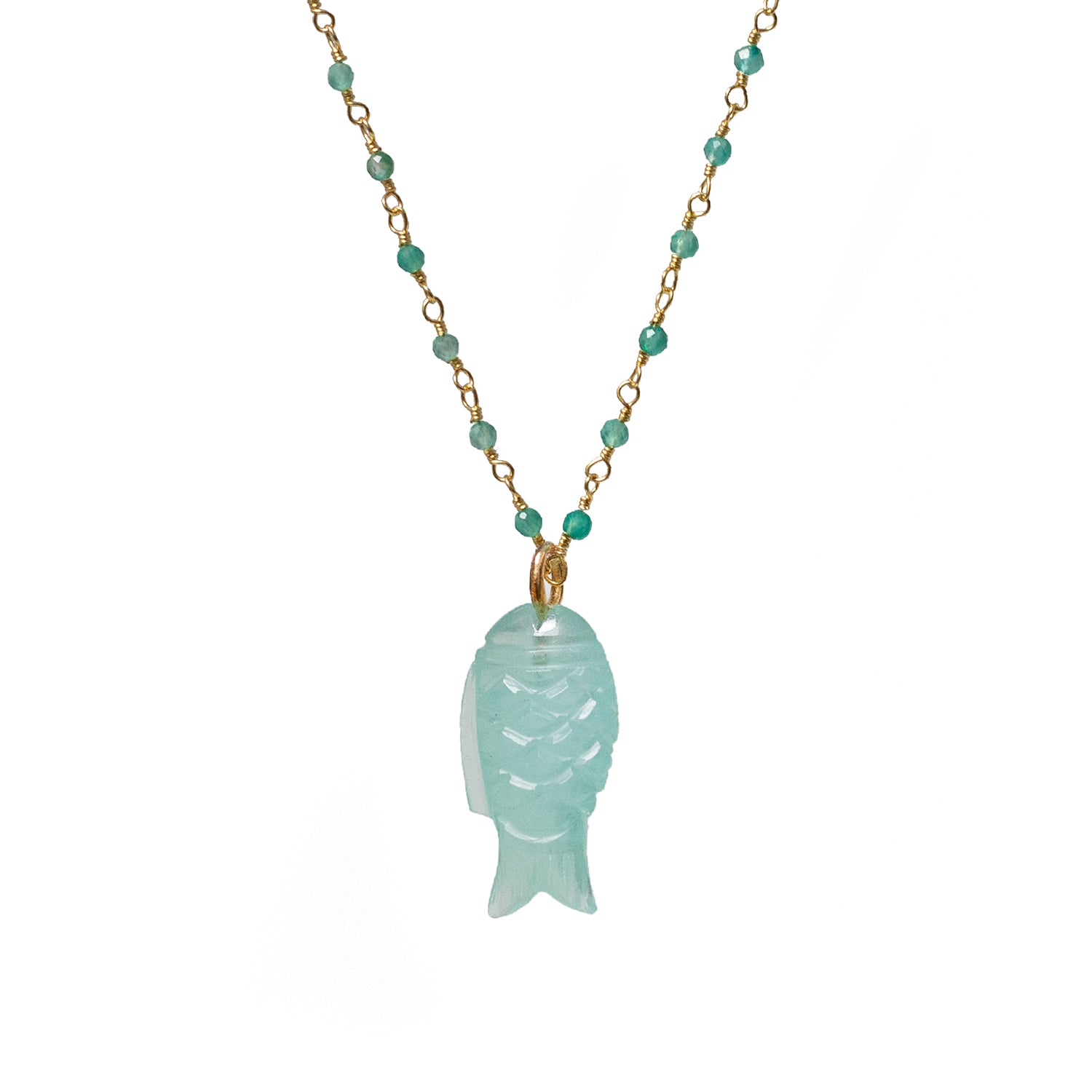Hand Carved Aqua Chalcedony Fish On Short green onyx  Rosary or chain