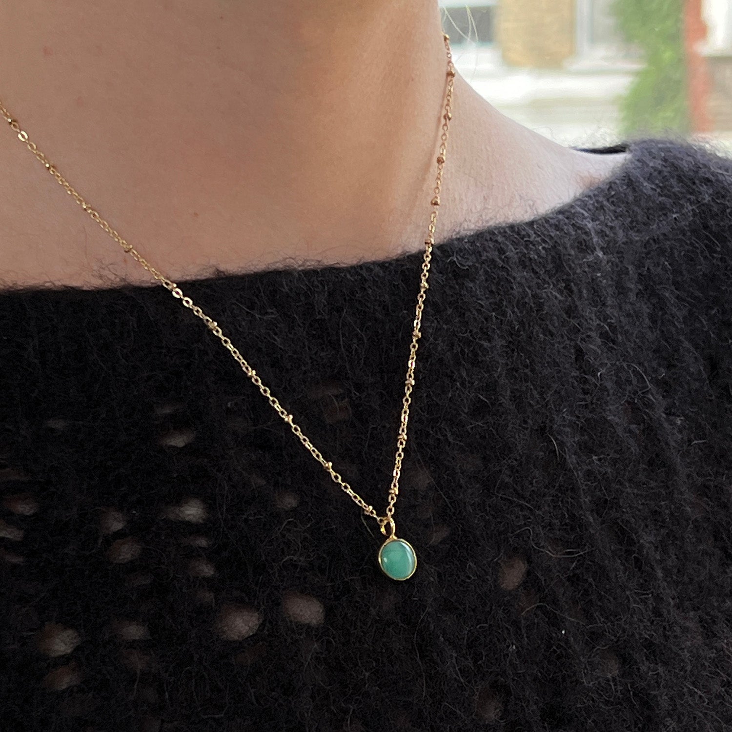 Chrysoprase Cabochon Pendant On Short Satellite Chain