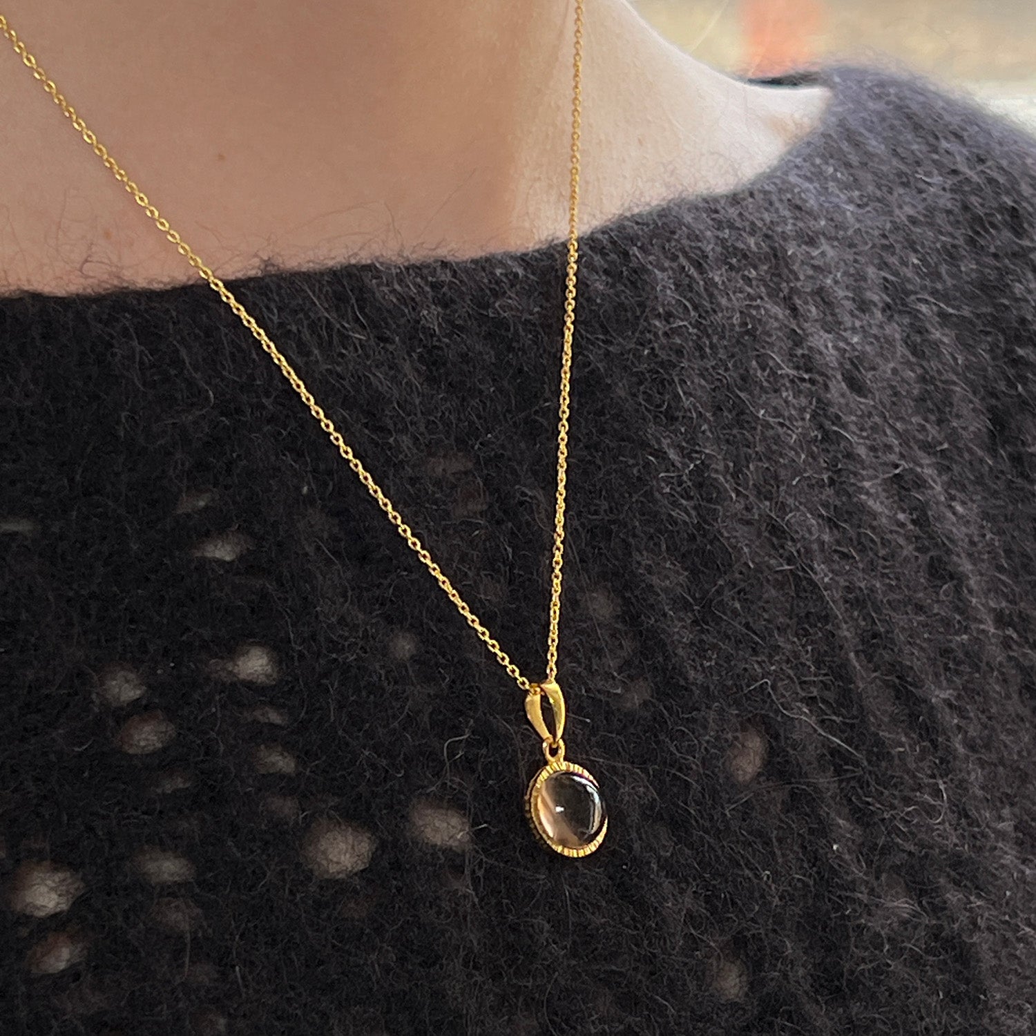 Dunia Smokey Quartz Round Pendant on Short Satellite Chain