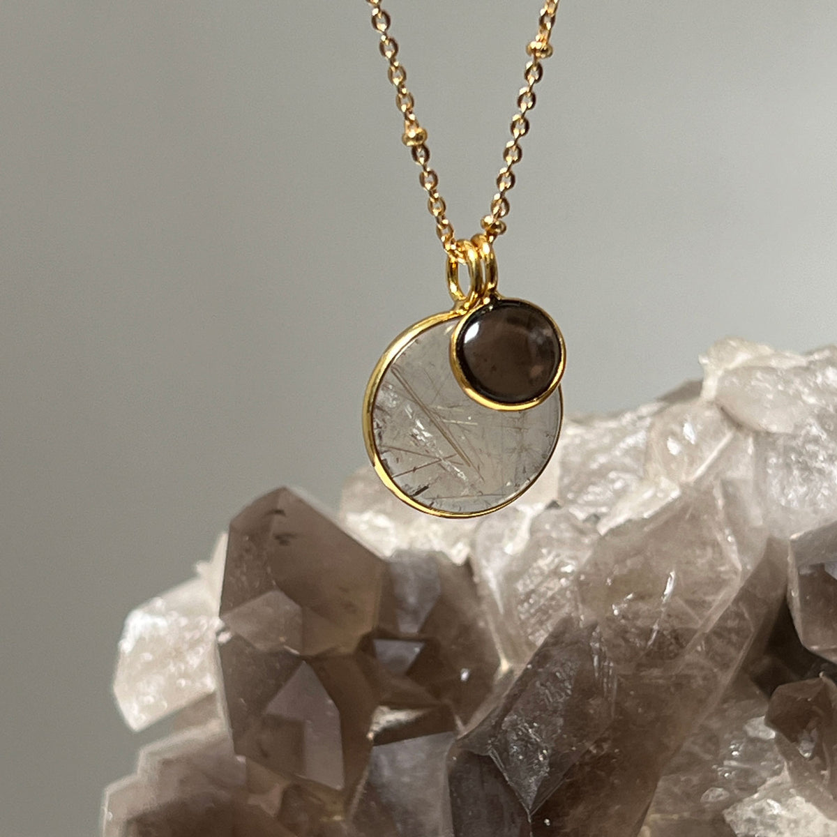 Rutil Quartz Coin Duo with Smokey Quartz Cabochon