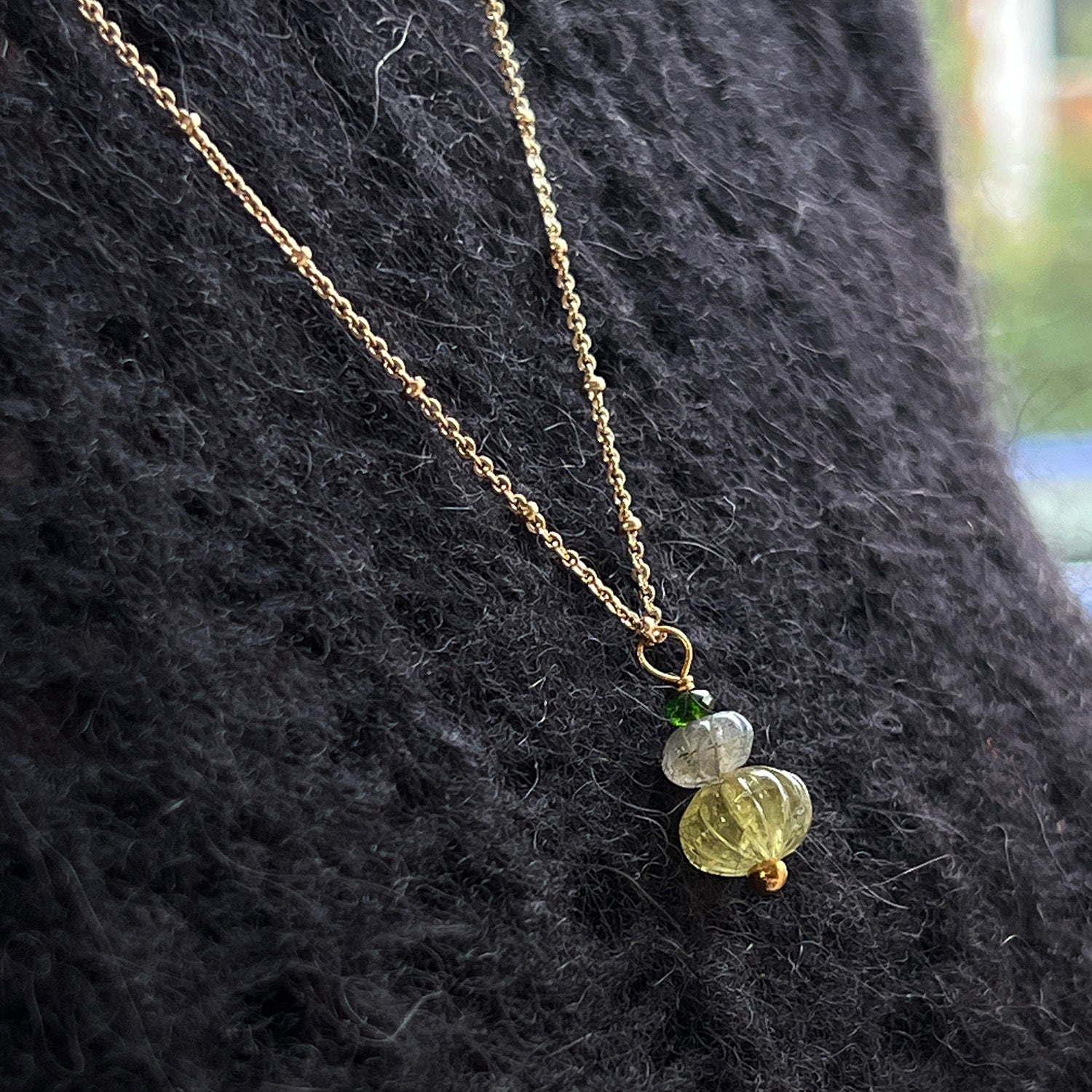 Earth Trio Pendant With Grossular Garnet, Labradorite & Green Diobside On Long Satellite Chain
