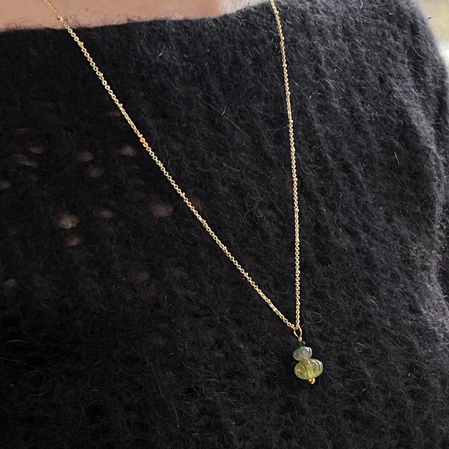 Earth Trio Pendant With Grossular Garnet, Labradorite & Green Diobside On Long Satellite Chain