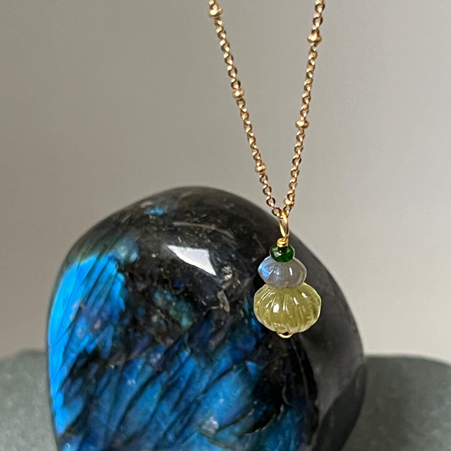 Earth Trio Pendant With Grossular Garnet, Labradorite & Green Diobside On Long Satellite Chain
