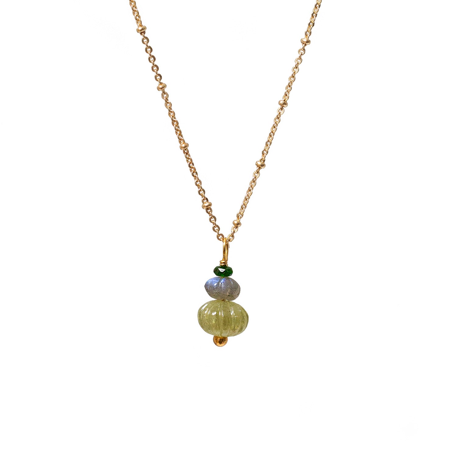 Earth Trio Pendant With Grossular Garnet, Labradorite & Green Diobside On Long Satellite Chain
