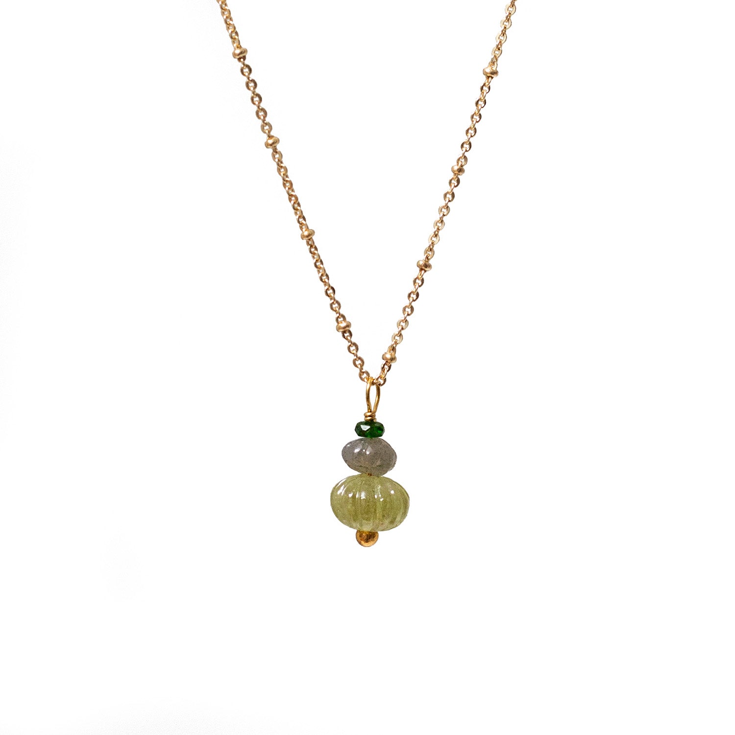Earth Trio Pendant With Grossular Garnet, Labradorite & Green Diobside On Long Satellite Chain