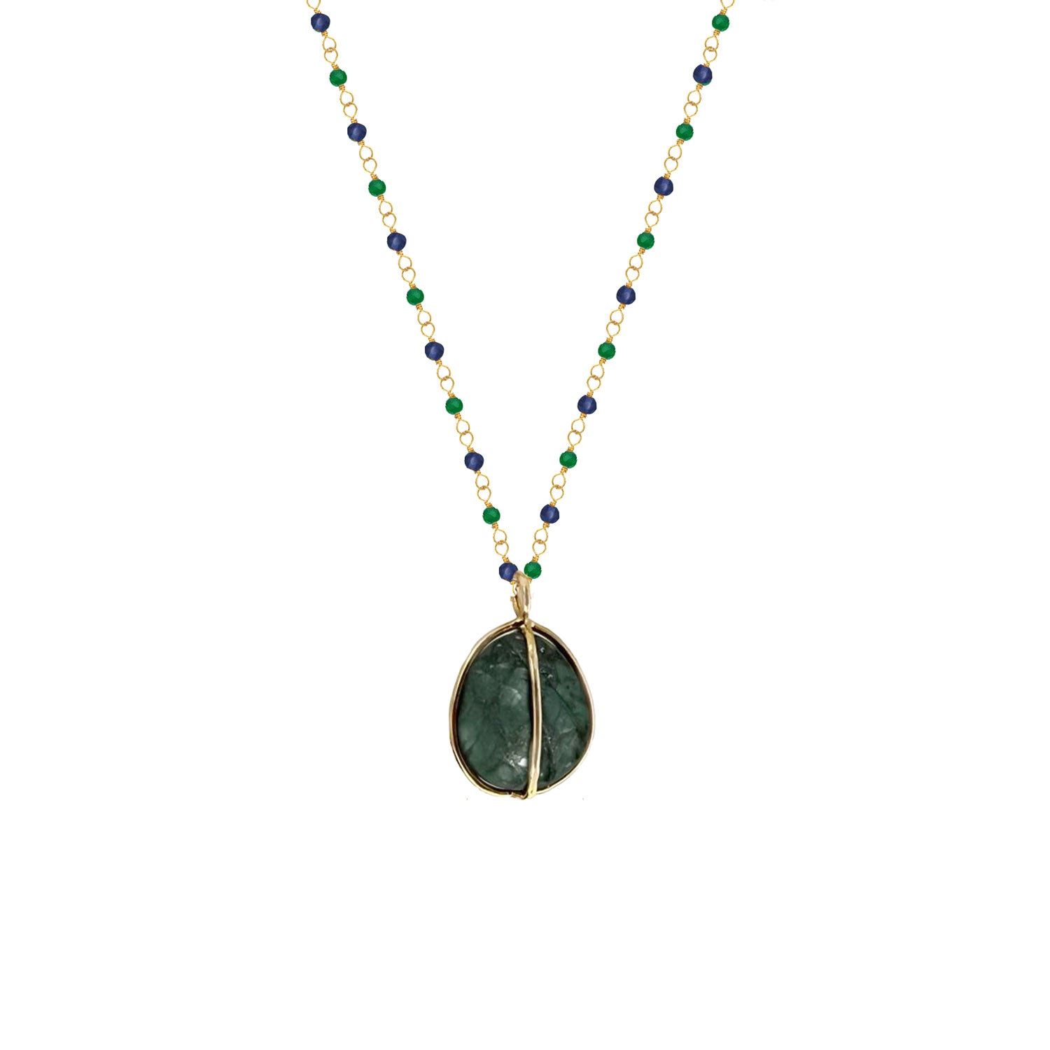 Long Sapphire & Emerald Rosary with Freeform Tumbled Emerald Pebble Pendant