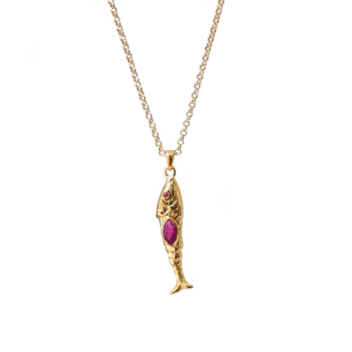 Exotic Green Onyx Or Pink Sillimanite Fish Pendant On Long Baby Belcher Chain