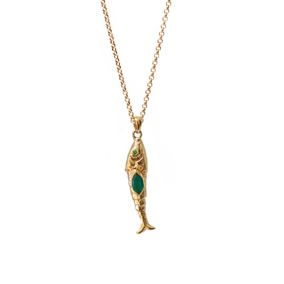 Exotic Green Onyx Or Pink Sillimanite Fish Pendant On Long Baby Belcher Chain